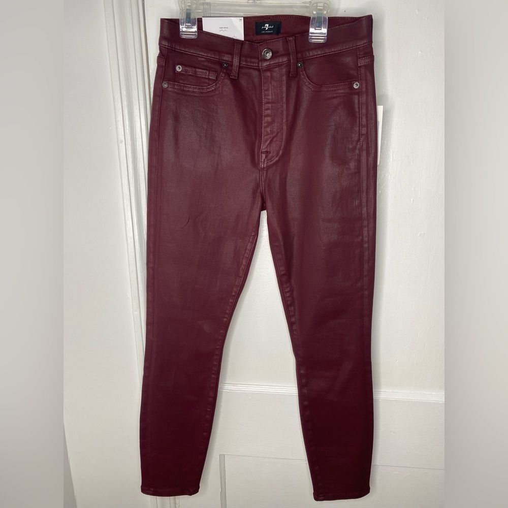7 of ALL MANKIND NWT High Waist Super Skinny Ankle Women's Burgundy Coated Jeans